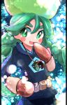  1girl :d absurdres bangs blue_jacket blush_stickers braid bright_pupils brown_mittens commentary_request eyelashes fur_hat green_eyes green_hair green_headwear hair_between_eyes hand_up hat highres jacket kayucha_(xnsushi) long_hair long_sleeves looking_to_the_side open_mouth pokemon pokemon_(game) pokemon_legends:_arceus sabi_(pokemon) smile solo 