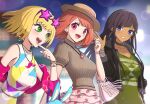 3girls black_hair blonde_hair character_request earrings girls_mode_4 gonzarez green_eyes hat headgear highres jewelry long_hair multiple_girls necklace open_mouth pink_eyes redhead short_hair smile style_savvy_(video_game_series) 