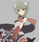  1other ahoge animal_ears armor bangs bow_(weapon) braid breastplate cat_ears clothing_cutout fingerless_gloves gauntlets gloves green_eyes green_hair hair_ornament hakusai_(hksicabb) highres juniper_(xenoblade) looking_at_viewer navel navel_cutout pale_skin short_hair shoulder_armor simple_background solo weapon xenoblade_chronicles_(series) xenoblade_chronicles_3 