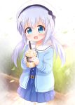  1girl :o araki495 bangs belt belt_buckle beret black_belt black_bow blue_dress blue_eyes blue_hair blue_jacket blurry blurry_background blush bow buckle collared_dress commentary_request cup depth_of_field disposable_cup dress drinking_straw gochuumon_wa_usagi_desu_ka? hair_between_eyes hair_ornament hat hat_bow highres holding holding_cup jacket kafuu_chino long_hair long_sleeves looking_at_viewer low_twintails open_clothes open_jacket open_mouth pleated_dress revision solo twintails very_long_hair white_headwear x_hair_ornament 
