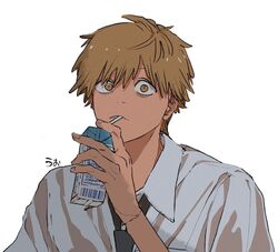  1boy black_necktie blonde_hair chainsaw_man collared_shirt denji_(chainsaw_man) drink drinking_straw highres looking_at_viewer milk_carton necktie sharp_teeth shirt short_hair simple_background solo tasuketemama teeth white_background white_shirt yellow_eyes 