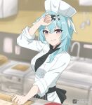  1girl :d absurdres asiri_senpai blue_hair blurry chef chef_hat chef_uniform commentary contemporary depth_of_field english_commentary eula_(genshin_impact) eula_(pizza_hut)_(genshin_impact) genshin_impact grey_eyes grin hair_ornament hat highres kitchen long_sleeves looking_at_viewer medium_hair official_alternate_costume sink smile solo 