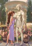  1girl bangs bare_arms bare_shoulders brown_hair character_print day flower from_side hades_(disney) hair_ornament hercules_(1997_film) high_heels highres holding holding_flower long_skirt looking_up megara_(disney) outdoors pink_flower pink_skirt ponytail sandals skirt solo standing statue toshiasan tree 