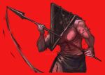  1boy barbed_wire caad014 cropped_legs facing_to_the_side hands_up highres holding holding_polearm holding_weapon male_focus object_head polearm pyramid_head red_background side_slit silent_hill_(series) simple_background solo standing stitches toned toned_male topless_male weapon 