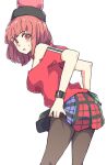  1girl black_headwear casual character_request copyright_request hecatia_lapislazuli highres jack_(wkm74959) off_shoulder plaid plaid_skirt polos_crown red_eyes redhead short_hair skirt touhou wristband 