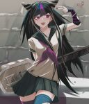  1girl :d absurdres arm_up asymmetrical_legwear bangs black_hair black_nails black_sailor_collar black_skirt blue_hair breasts collarbone contrapposto cowboy_shot danganronpa_(series) danganronpa_2:_goodbye_despair ear_piercing gloves green_thighhighs grey_shirt guitar hair_horns hand_up highres holding holding_instrument instrument jewelry long_hair medium_breasts mioda_ibuki mismatched_legwear mouth_piercing multicolored_hair nail_polish neckerchief necklace open_mouth piercing pink_eyes pink_hair pleated_skirt purple_neckerchief ring rivecoder sailor_collar scar school_uniform serafuku shirt short_sleeves sideways_glance skirt smile solo stitches striped striped_gloves teeth thigh-highs torn_clothes torn_legwear upper_teeth white_hair 