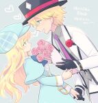  1boy 1girl black_gloves blonde_hair blue_capelet blue_dress blue_eyes blue_headwear bouquet capelet cordelia_glauca deerstalker dress eyes_visible_through_hair flower gloves hand_grab hat heart hetero holding holding_bouquet monocle necktie pink_flower pink_rose purple_necktie rose tantei_opera_milky_holmes translation_request tsunoji tuxedo twenty_(milky_holmes) 