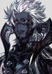  1boy artist_name au_ra avatar_(ff14) azaya_(kuroi_azaya) black_horns black_scales black_sclera black_skin closed_mouth colored_sclera colored_skin final_fantasy final_fantasy_xiv grey_background horns long_hair looking_at_viewer low_horns male_focus portrait scales simple_background solo white_eyes white_hair 