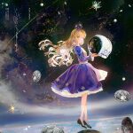  1girl alice_(alice_in_wonderland) alice_in_wonderland apron blonde_hair blue_bow blue_dress blue_eyes bow coin commentary dress earth_(planet) english_commentary floating_hair from_side hair_bow holding instagram_username juliet_sleeves long_hair long_sleeves looking_at_viewer looking_to_the_side pixiv_id planet puffy_sleeves say_hana signature solo space space_helmet twitter_username very_long_hair white_apron 