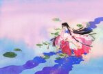  1boy 1girl bangs barefoot black_hair blunt_ends facing_away floating_hair floral_print flower flying from_above highres hime_cut holding inuyasha inuyasha_(character) japanese_clothes kimono layered_clothes layered_kimono leaf long_hair long_sleeves looking_away looking_to_the_side lotus mu-onna outstretched_arms painting_(medium) pink_flower plantar_flexion pointing pond reflection reflective_water sidelocks sky sleeves_past_fingers sleeves_past_wrists soles star_(sky) starry_sky straight_hair sundaetail tassel toy traditional_media very_long_hair wading water watercolor_(medium) white_hair wide_sleeves 