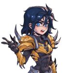  1girl :d armor bangs blue_eyes breasts covered_collarbone covered_navel genderswap genderswap_(mtf) gold_armor hair_between_eyes hand_up jarvan_iv_(league_of_legends) league_of_legends medium_breasts open_mouth phantom_ix_row shiny shiny_clothes shiny_hair short_hair shoulder_spikes simple_background smile solo spiked_armor spikes sweatdrop tongue upper_body w white_background 