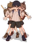  1girl 2boys aged_down backpack bag bangs black_hair blonde_hair bowl_cut brown_hair chainsaw_man denji_(chainsaw_man) hand_on_another&#039;s_shoulder hayakawa_aki hiding hiding_behind_another highres horns long_hair looking_at_viewer multiple_boys open_mouth power_(chainsaw_man) protecting ruler scared shirt short_hair shorts simple_background sweat tasuketemama white_background white_shirt 