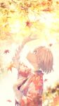  1girl autumn autumn_leaves blue_eyes branch falling_leaves fujiwara_mizuki hand_on_own_chest hand_up haori highres japanese_clothes leaf long_sleeves looking_up maple_leaf open_mouth original pink_hair short_hair 