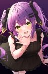  1girl black_bow black_dress bow collarbone dress earrings hair_bow highres hololive jewelry long_hair looking_at_viewer open_mouth primamiya purple_hair simple_background tokoyami_towa twintails virtual_youtuber yellow_eyes 