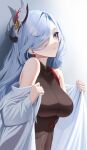  1girl absurdres bare_shoulders blue_eyes blue_hair breasts dressing earrings genshin_impact hair_ornament hair_over_one_eye highres jewelry large_breasts leavv long_hair looking_at_viewer open_mouth shenhe_(genshin_impact) simple_background 