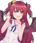 1girl :d ahoge blue_eyes blush claw_pose commentary_request crescent crescent_hair_ornament crown demon_girl demon_horns demon_wings double_bun dress fangs flat_chest hair_bobbles hair_bun hair_ornament heterochromia horns long_hair looking_at_viewer mini_crown nanamiya_natsumi nijisanji official_alternate_costume red_eyes redhead sleeveless sleeveless_dress smile solo twintails two_side_up upper_body virtual_youtuber wings yuzuki_roa