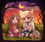  1boy 1girl :d absurdres animal_ears blue_pants bow bowtie brown_eyes brown_hair candy chain chibi cosplay cuffs dress food full_body gloves green_eyes halloween halloween_bucket halloween_costume highres holding indian_style little_red_riding_hood_(grimm) little_red_riding_hood_(grimm)_(cosplay) long_hair luke_pearce_(tears_of_themis) moon mushroom night night_sky open_mouth orange_bow orange_bowtie pants red_dress red_hood red_skirt rosa_(tears_of_themis) seiza seventastic shackles short_hair sitting skirt sky smile socks tail tears_of_themis topless_male werewolf white_gloves white_socks wolf_boy wolf_ears wolf_tail 