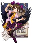  1girl bird_wings black_skirt black_thighhighs black_wings blush brown_eyes brown_hair buttons cellphone checkered_clothes checkered_skirt collared_shirt fang feathered_wings foul_detective_satori geta hakurei_reimu hat highres himekaidou_hatate holding holding_phone howhow_notei long_hair miyadeguchi_mizuchi monitor one_eye_closed open_mouth phone photo_(object) pink_shirt pointy_ears puffy_short_sleeves puffy_sleeves purple_headwear purple_skirt shameimaru_aya shirt short_sleeves skirt smile solo tengu-geta thigh-highs touhou twintails v wings 