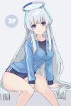  absurdres bed blue_archive buruma collarbone commentary_request grey_background grey_hair gym_uniform halo headphones highres jacket noa_(blue_archive) rasen_manga simple_background sitting smile track_jacket twitter_username violet_eyes white_hair 