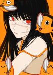  1girl bangs bare_shoulders black_hair chainsaw chainsaw_man closed_eyes cross_scar long_hair looking_at_viewer nervous off_shoulder open_mouth orange_background orange_theme pochita_(chainsaw_man) red_eyes ringed_eyes sailen0 scar scar_on_cheek scar_on_face simple_background solo_focus surprised sweat tank_top yoru_(chainsaw_man) 