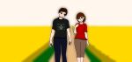 1boy 1girl black_shirt botaro_kubo brown_eyes brown_hair couple field red_shirt short_hair tomboy trang trong_truong_hop_shirt walking