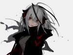  1girl ahoge antennae arknights as931 black_jacket black_scarf demon_horns grey_hair grey_shirt hair_between_eyes highres horns jacket looking_at_viewer open_clothes open_jacket parted_lips red_eyes scarf shirt simple_background sketch solo w_(arknights) white_background 