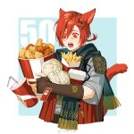  1boy :o absurdres animal_ears bangs black_scarf blue_background border braid braided_ponytail brown_gloves bucket_of_chicken burger cat_boy cat_ears cat_tail chinese_commentary commentary_request cropped_torso cup disposable_cup drink drinking_straw elbow_gloves facial_mark fan_mu_zhang fast_food final_fantasy final_fantasy_xiv fingerless_gloves food french_fries fried_chicken fringe_trim from_side g&#039;raha_tia gloves grey_shirt hair_between_eyes hair_ornament highres holding holding_cup holding_food ketchup looking_at_food looking_down low_ponytail male_focus miqo&#039;te neck_tattoo open_mouth outside_border red_eyes redhead scarf shirt short_hair single_braid slit_pupils solo swept_bangs tail tattoo upper_body weibo_logo weibo_username white_border wide-eyed wrapper x_hair_ornament 