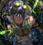  1boy abs apex_legends arm_strap arm_tattoo black_headwear black_shirt blurry blurry_background cable cropped_vest english_commentary glowing goggles green_vest grey_shorts head_tilt highres kawaniwa liquid looking_at_viewer male_focus mask mole mole_on_neck mouth_mask navel octane_(apex_legends) portrait realistic shirt shorts solo tattoo vest vial weapon weapon_on_back 