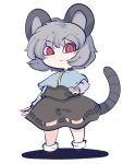  1girl animal_ears black_footwear black_skirt black_vest blush_stickers capelet closed_mouth fried_rice0614 full_body grey_capelet grey_hair highres long_sleeves mouse_ears mouse_tail nazrin one-hour_drawing_challenge red_eyes shirt shoes short_hair simple_background skirt solo tail touhou vest white_background white_shirt 