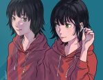  2girls anyway_osushi artist_name black_hair blue_background earphones earphones green_eyes hood hood_down hoodie long_sleeves multiple_girls original red_hoodie short_hair upper_body 