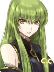  1girl bangs brown_eyes c.c. character_name code_geass green_hair grey_background grin hair_between_eyes kayanogura long_hair looking_at_viewer shiny shiny_hair simple_background sketch smile solo straight_hair upper_body 