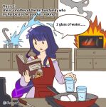  1girl absurdres alternate_costume apron bangs blunt_bangs book braid broken cabinet cameo casual cheocart commentary contemporary cup drinking_glass egg english_commentary english_text fire frying_pan genshin_impact gradient_hair guoba_(genshin_impact) hair_ornament highres holding holding_book kitchen long_hair low_ponytail microwave multicolored_hair portable_stove purple_hair raiden_shogun reading short_sleeves sidelocks single_braid sink solo water 