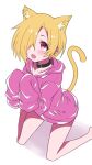  1girl animal_ears bangs bare_legs blonde_hair blush cat_ears cat_girl cat_tail choker collarbone ear_piercing foot_out_of_frame hair_over_one_eye halulu highres hood hoodie idolmaster idolmaster_cinderella_girls idolmaster_cinderella_girls_starlight_stage kneeling long_sleeves no_pants piercing red_eyes shadow shirasaka_koume short_hair simple_background sleeves_past_fingers sleeves_past_wrists solo tail teeth upper_teeth white_background 