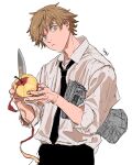  1boy apple bangs black_necktie black_pants blonde_hair chainsaw_man collared_shirt denji_(chainsaw_man) food frown fruit highres holding holding_food holding_fruit holding_knife knife looking_at_viewer necktie newspaper pants peeling shirt shirt_tucked_in short_hair simple_background sleeves_rolled_up solo spiky_hair tasuketemama white_background white_shirt yellow_eyes 