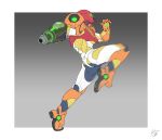  1girl absurdres arm_cannon armor full_body glowing helmet highres kicking metroid metroid_dread power_armor power_suit roviahc samus_aran science_fiction simple_background solo weapon 