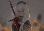  1girl bangs beret black_headwear blurry blurry_background character_request closed_mouth crying crying_with_eyes_open dark_souls_(series) depth_of_field dokomon grey_background hair_between_eyes hat highres holding holding_sword holding_weapon long_hair long_sleeves looking_at_viewer orange_eyes solo sword tears upper_body weapon white_hair wide_sleeves 
