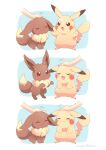  1other :3 :d animal_focus artist_name blush brown_eyes closed_eyes closed_mouth commentary_request ears_down eevee headpat highres jippe open_mouth petting pikachu pokemon pokemon_(creature) signature simple_background smile standing white_background 
