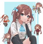  &gt;_&lt; 1girl 5girls :d asagumo_(kancolle) asagumo_(kantai_collection) ascot bangs bike_shorts black_legwear black_shorts black_thighhighs blue_ascot blue_background blue_bow blush bow brown_hair brown_skirt capelet chibi collared_shirt confetti dress_shirt feet_out_of_frame food fur-trimmed_capelet fur-trimmed_headwear fur_trim green_bow green_eyes grey_jacket grey_skirt hair_between_eyes hair_bow hat jacket jewelry kantai_collection knees_up long_hair looking_at_viewer multiple_girls multiple_views nuno_(pppompon) party_popper plaid plaid_skirt pleated_skirt purple_sweater red_capelet red_headwear ring santa_costume santa_hat shirt short_shorts shorts shorts_under_skirt sitting skirt smile streamers suspender_skirt suspenders sweater thigh-highs thighhighs twintails two-tone_background very_long_hair wedding_ring white_background white_shirt xd 