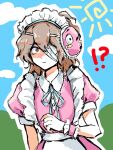 !? 1other alternate_costume ametsukana_yago androgynous apron bandage_over_one_eye blue_ribbon brown_hair closed_mouth collared_shirt commentary_request dress enmaided hemo_(hemoroda) len&#039;en long_hair maid maid_apron maid_headdress neck_ribbon outdoors pink_dress puffy_short_sleeves puffy_sleeves red_eyes ribbon shirt short_sleeves surprised white_apron white_shirt