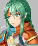 1girl anne_petriceani braid braided_bangs braided_ponytail closed_mouth crown_braid gradient gradient_background green_eyes green_hair headband highres long_hair scarf simple_background solo star_ocean star_ocean_integrity_and_faithlessness uzura_(moimoi)