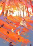 1girl autumn autumn_leaves bird blue_pants closed_eyes forest highres leaf long_hair long_sleeves nature original outdoors pants penguin scenery shadow shirt signature sunset tabi_(tabisumika) white_footwear white_shirt