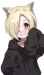  1girl animal_ears bangs blonde_hair blush cat_ears collarbone drawstring fangs hair_over_one_eye halulu hands_up highres hood hoodie idolmaster idolmaster_cinderella_girls idolmaster_cinderella_girls_starlight_stage long_sleeves looking_at_viewer red_eyes shirasaka_koume short_hair simple_background sleeves_past_fingers sleeves_past_wrists smile solo white_background 