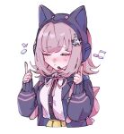 1girl animal_ears backpack bag bangs breasts brown_skirt cat_ear_headphones closed_eyes collared_shirt commentary danganronpa_(series) danganronpa_2:_goodbye_despair fake_animal_ears flipped_hair galaga hair_ornament hairclip hands_up headphones hood hooded_jacket index_finger_raised jacket large_breasts long_sleeves medium_hair nanami_chiaki neck_ribbon pink_hair pink_neckwear pleated_skirt ribbon ru-pe_(gstm_0915) shirt shirt_tucked_in skirt solo symbol-only_commentary white_shirt