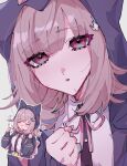 1girl :o animal_ears backpack bag bangs breasts brown_skirt cat_ear_headphones clenched_hand closed_eyes collared_shirt commentary danganronpa_(series) danganronpa_2:_goodbye_despair fake_animal_ears flipped_hair galaga hair_ornament hairclip hands_up headphones highres hood hood_up hooded_jacket index_finger_raised jacket large_breasts long_sleeves medium_hair multiple_views nanami_chiaki neck_ribbon pink_eyes pink_hair pink_neckwear pleated_skirt portrait ribbon ru-pe_(gstm_0915) shiny shiny_hair shirt shirt_tucked_in skirt symbol-only_commentary white_shirt