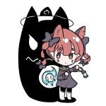  1girl animal_ears bow cat_ears chibi dress full_body hair_bow hitodama holding holding_lantern kaenbyou_rin kourihase lantern looking_to_the_side red_eyes redhead shadow skull solo standing touhou whiskers 
