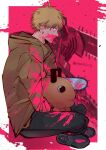  animal_on_lap bangs blonde_hair blood blood_on_clothes blood_on_face blood_on_weapon blood_splatter brown_hoodie chainsaw chainsaw_man denji_(chainsaw_man) from_side hood hoodie hybrid looking_at_viewer no_eyes on_lap pochita_(chainsaw_man) sharp_teeth short_hair sideways_glance silhouette solo_focus sword teeth tongue tongue_out trench_coat two-tone_background vivsss-g wakizashi weapon white_background 