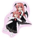  2girls :d :o ^_^ alternate_hair_length alternate_hairstyle bat_wings black_pantyhose black_skirt black_vest blush chibi closed_eyes collared_shirt commentary_request dot_nose dress_shirt dual_persona eyes_visible_through_hair fang full_body hair_between_eyes head_wings juliet_sleeves kneeling koakuma long_sleeves looking_at_viewer mijinko_(zrmt) multiple_girls necktie no_shoes outstretched_arms pantyhose pink_background polka_dot polka_dot_background puffy_sleeves red_eyes red_necktie redhead shirt sidelocks simple_background skin_fang skirt skirt_set smile socks spread_arms touhou vest white_background white_shirt white_socks wings 