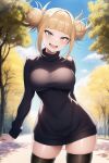  1girl ai-generated bangs black_dress blonde_hair blush boku_no_hero_academia breasts double_bun dress gladas looking_at_viewer non-web_source open_mouth outdoors skindentation smile solo thighhighs toga_himiko tree yellow_eyes 