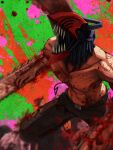 1boy belt black_pants blood brown_belt chainsaw chainsaw_man collarbone commentary_request denji_(chainsaw_man) fangs highres hybrid male_focus multicolored_background narushi_sasu open_mouth pants solo teeth topless_male