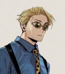 1boy animal_print blonde_hair blue_shirt carrotsprout collared_shirt expressionless goggles gradient gradient_background grey_background jujutsu_kaisen leopard_print male_focus nanami_kento necktie polka_dot portrait shirt short_hair solo suspenders yellow_necktie